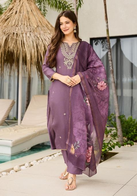 Purple Embroidery Viscose Kurta Set