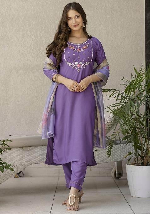 Purple Embroidery Viscose Kurta Set