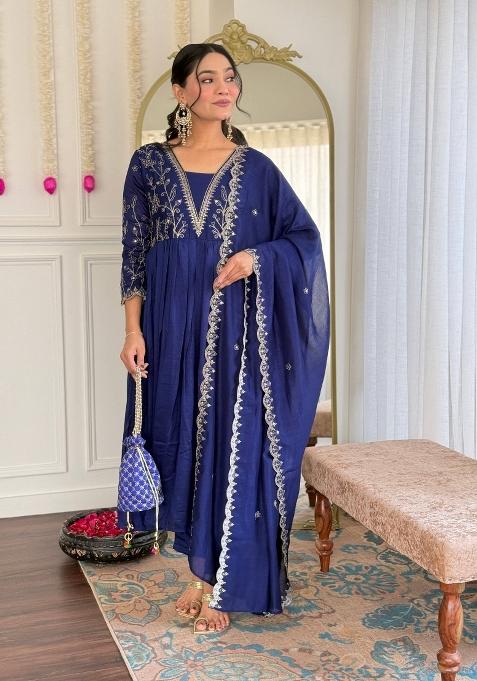 Blue Embroidery Vichitra Silk Kurta Set