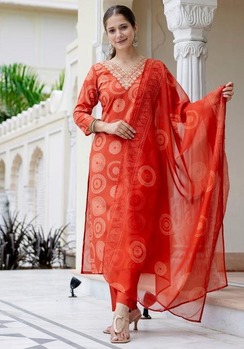 Orange Embroidery Rayon Kurta Set