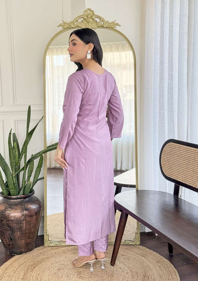 Lavender Embroidery Rayon Kurta Set - Indya