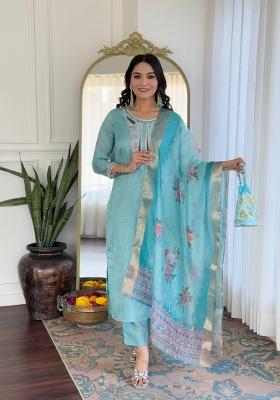 Sky Blue Embroidery Viscose Kurta Set