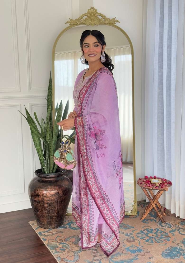 Lavender Embroidery Rayon Kurta Set - Indya