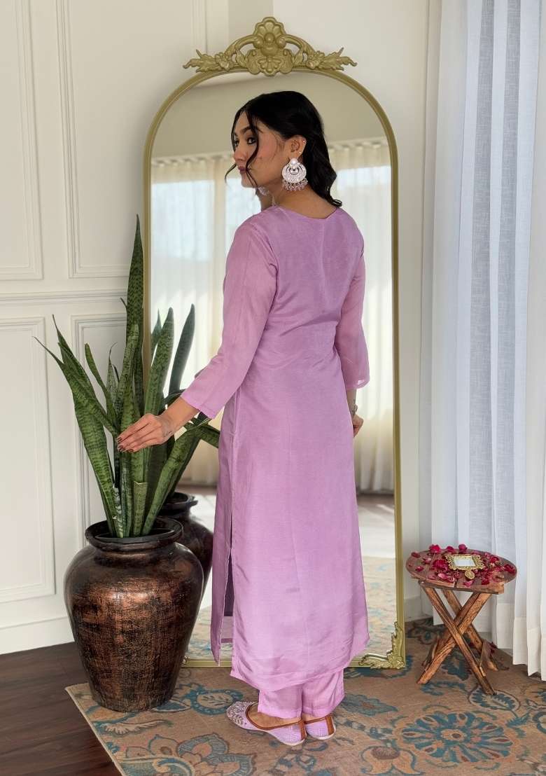 Lavender Embroidery Rayon Kurta Set - Indya
