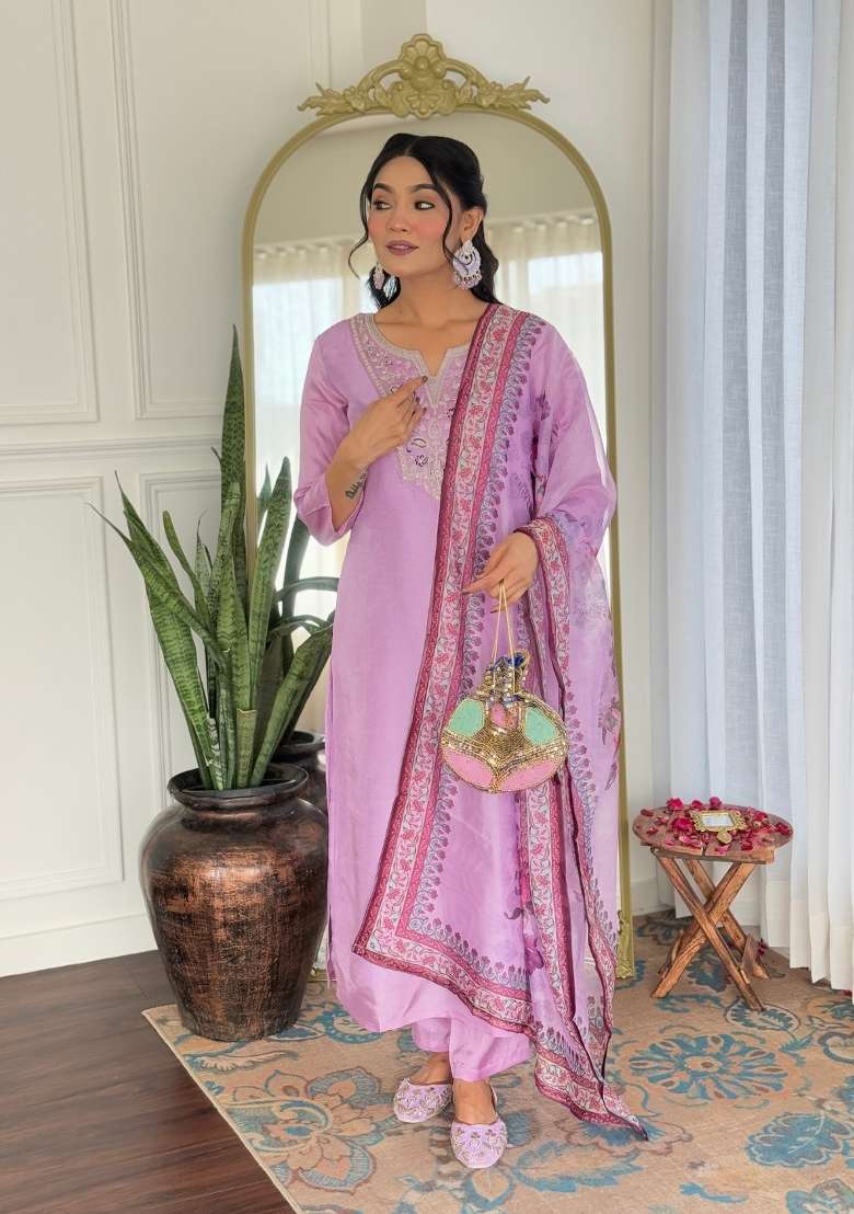 Lavender Embroidery Rayon Kurta Set - Indya