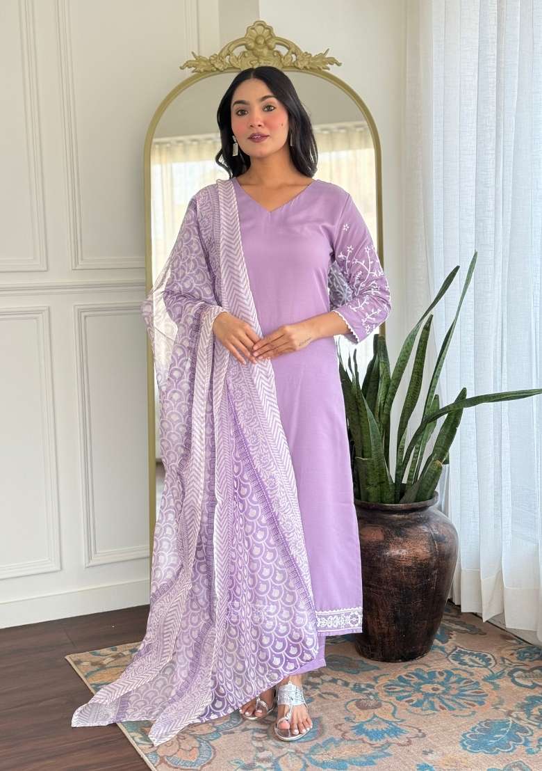 Lavender Embroidery Rayon Kurta Set - Indya