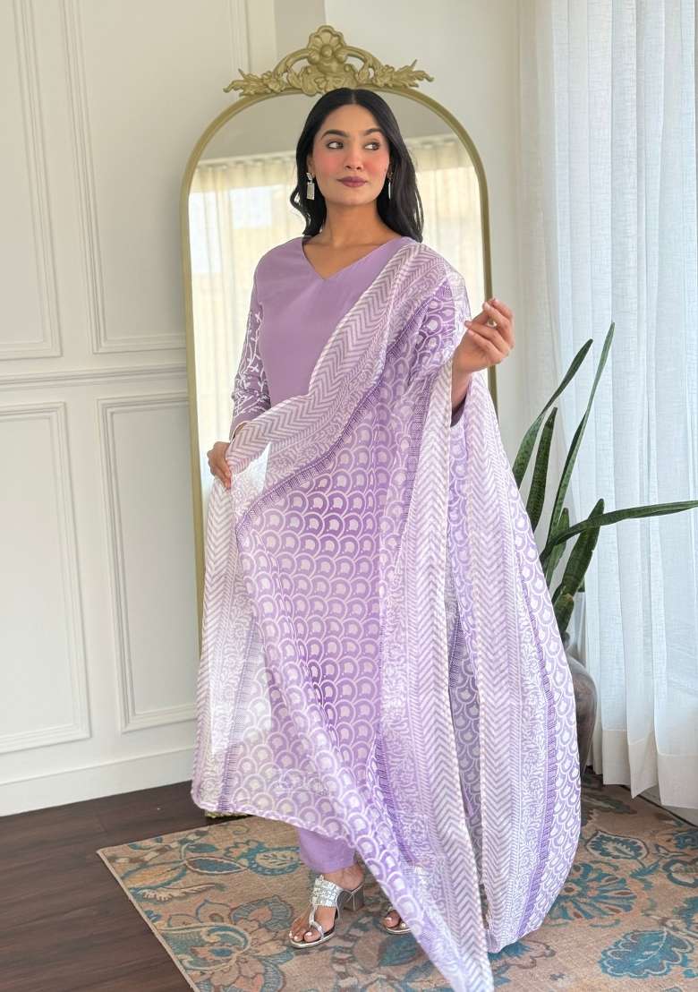 Lavender Embroidery Rayon Kurta Set - Indya