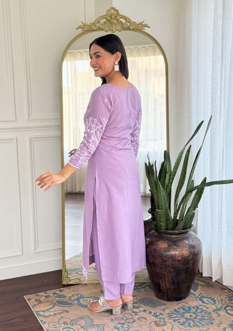 Lavender Embroidery Rayon Kurta Set - Indya