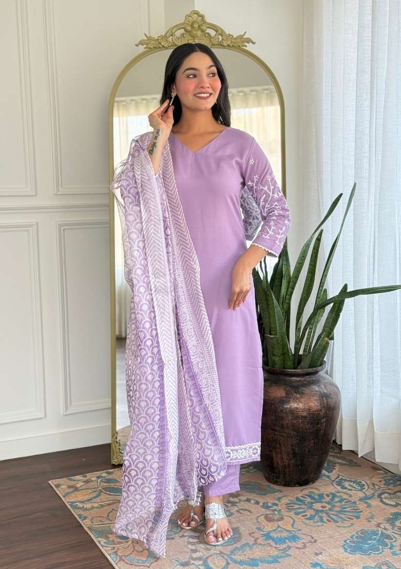 Lavender Embroidery Rayon Kurta Set - Indya