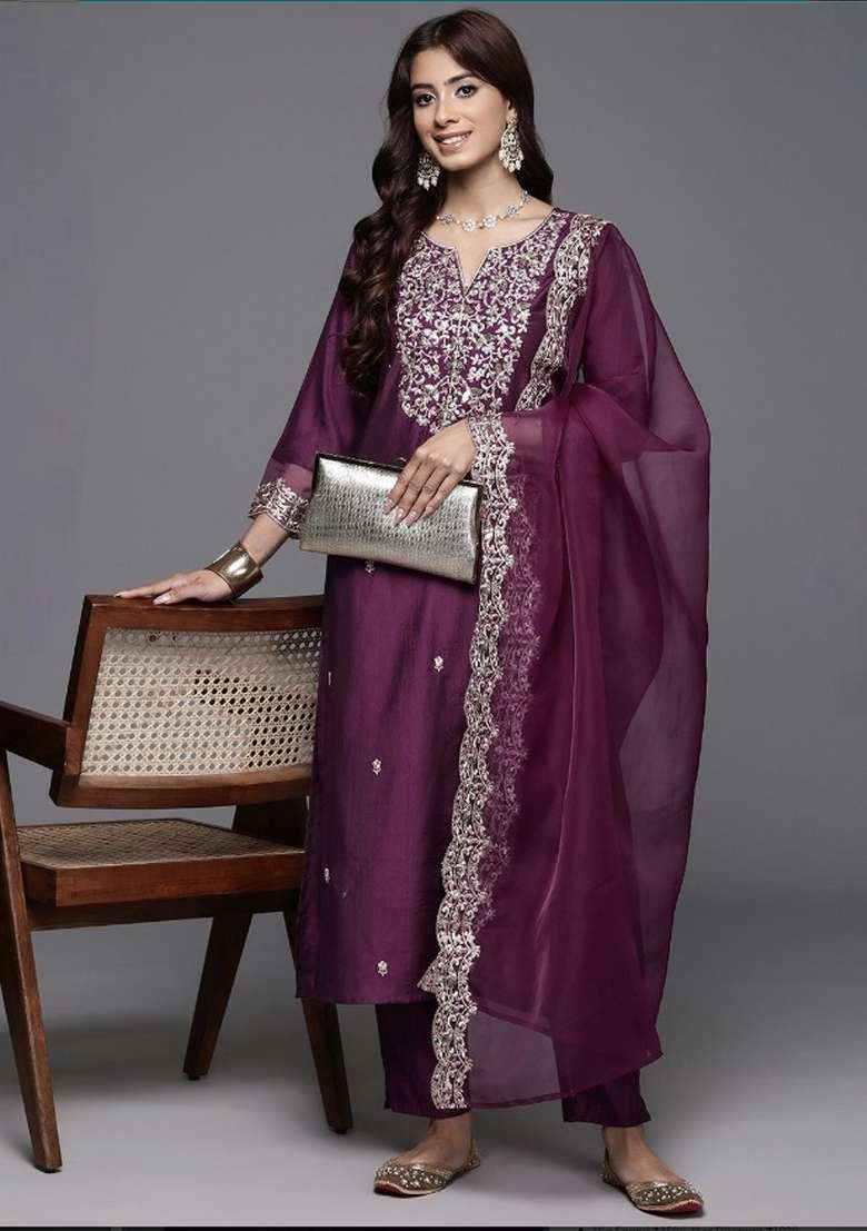 Wine Embroidery Chanderi Kurta Set - Indya