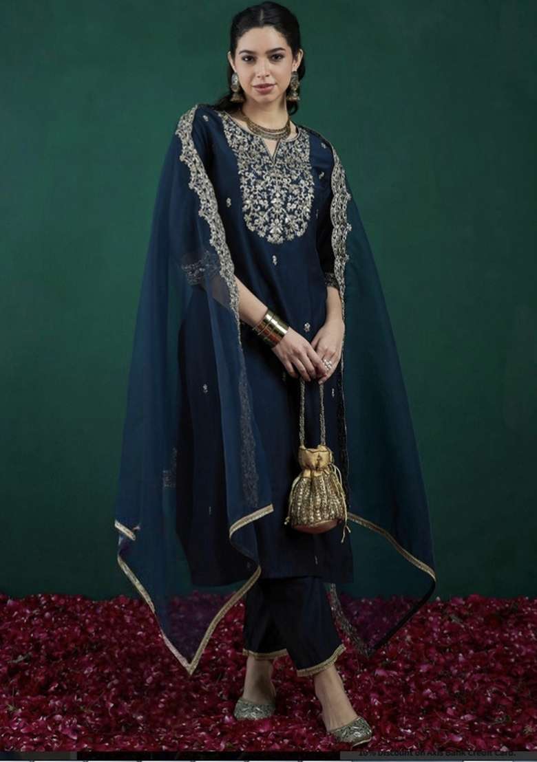 Blue Embroidery Chanderi Kurta Set - Indya