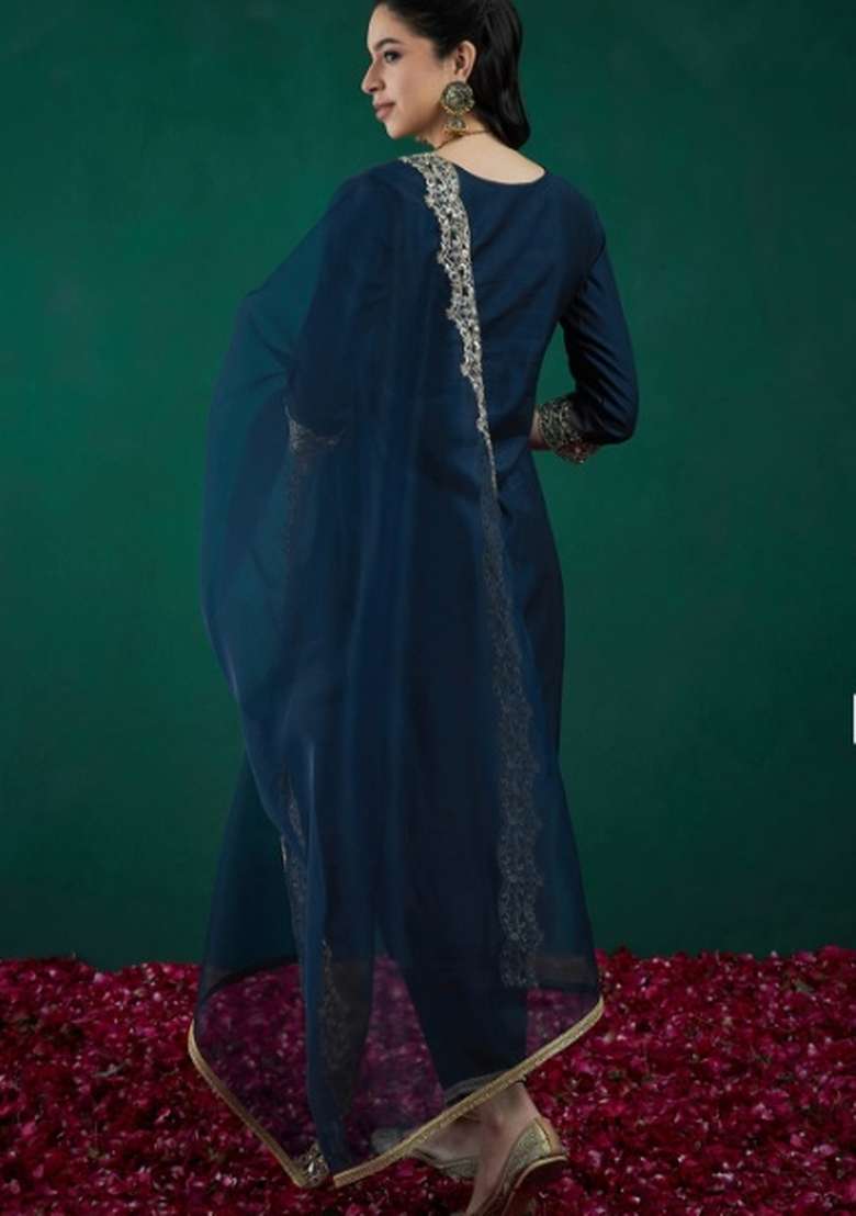 Blue Embroidery Chanderi Kurta Set - Indya