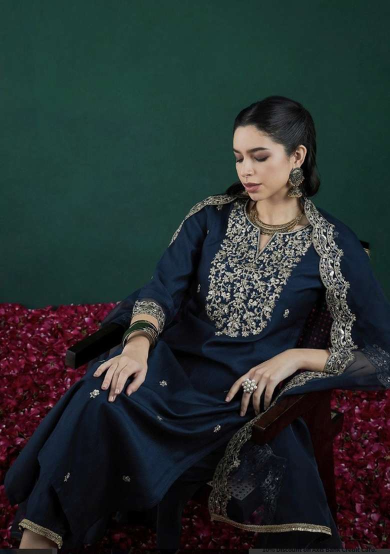 Blue Embroidery Chanderi Kurta Set - Indya