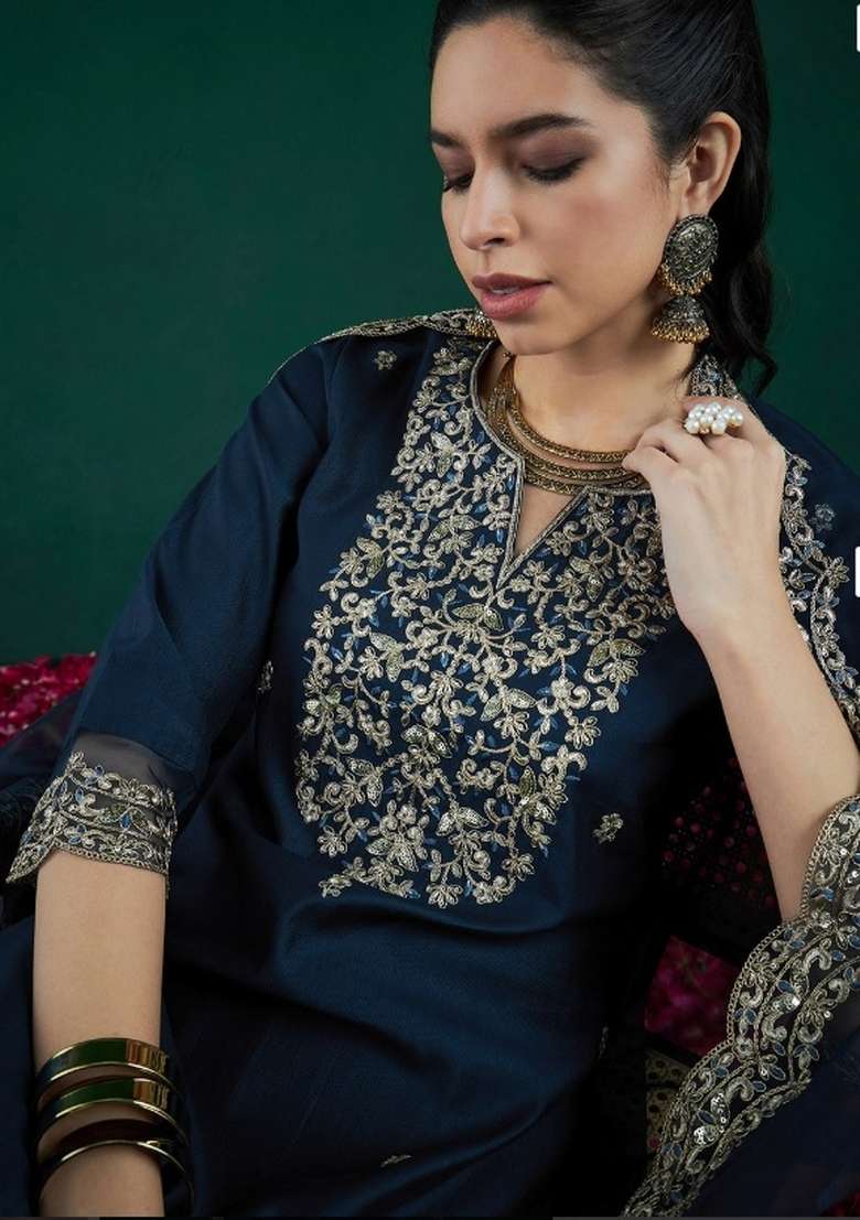 Blue Embroidery Chanderi Kurta Set - Indya