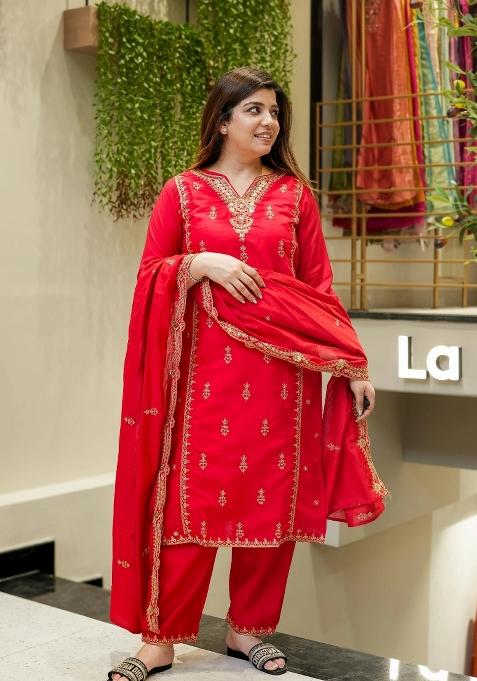Red Embroidery Chanderi Silk Kurta Set