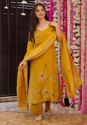Yellow Printed Silk Kurta Set