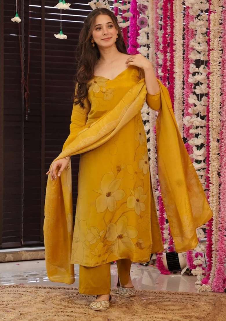 Yellow Printed Silk Kurta Set - Indya