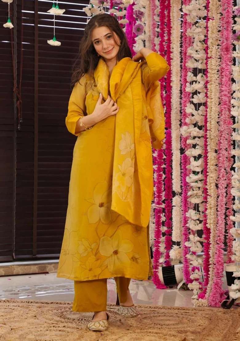 Yellow Printed Silk Kurta Set - Indya