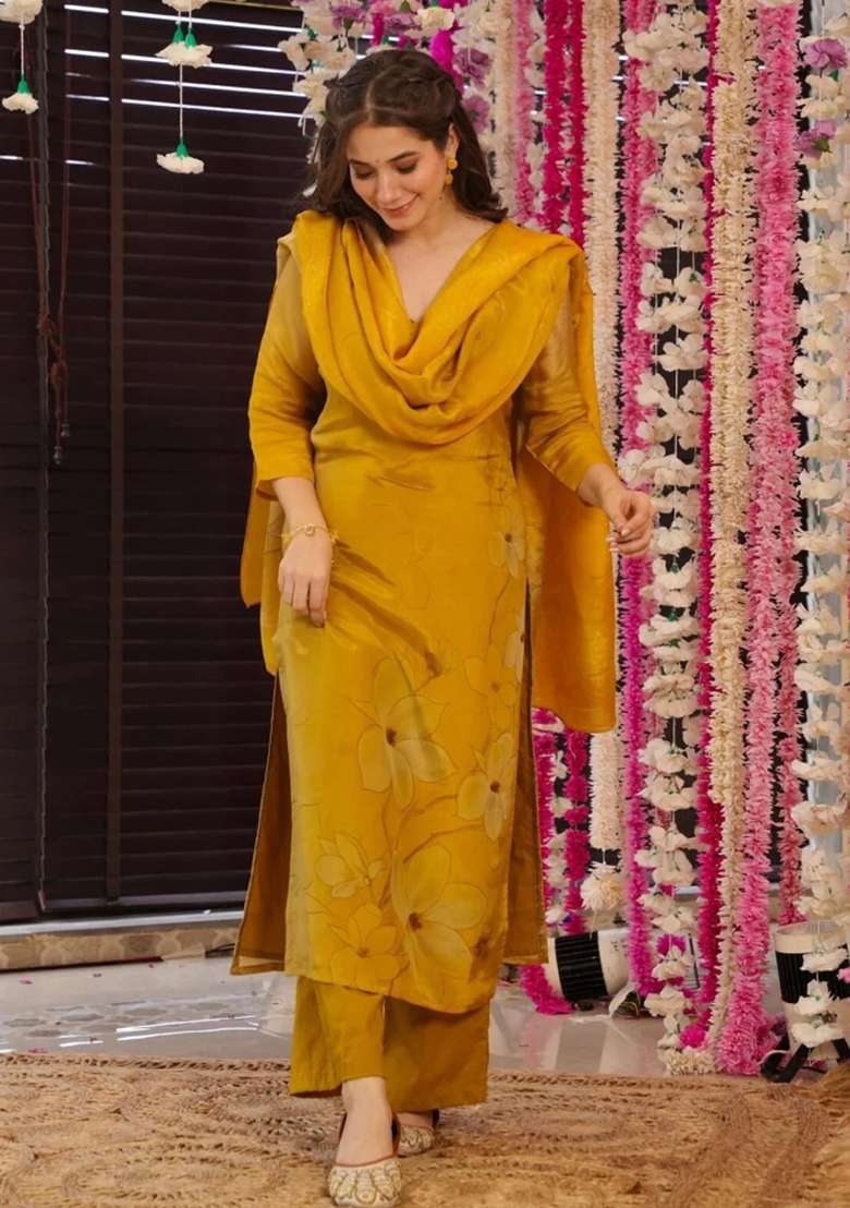 Yellow Printed Silk Kurta Set - Indya