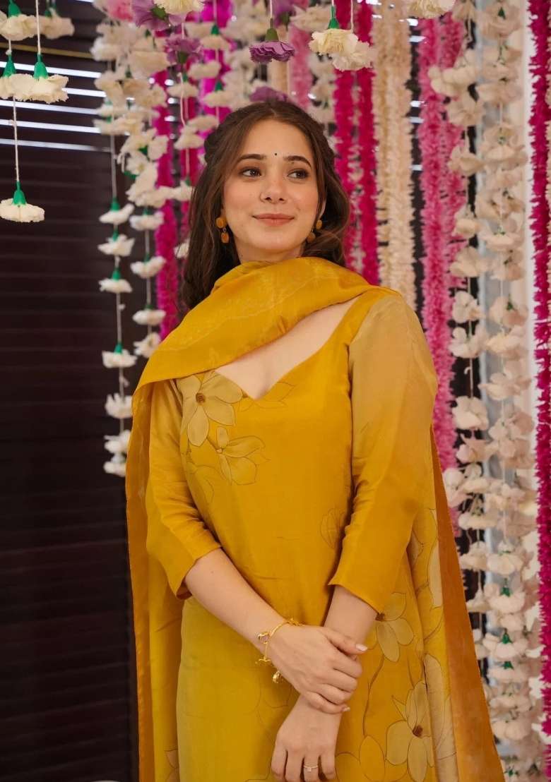 Yellow Printed Silk Kurta Set - Indya