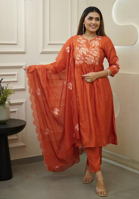 Rust Embroidery Chinon Chiffon Kurta Set
