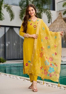 Yellow Embroidery Viscose Kurta Set