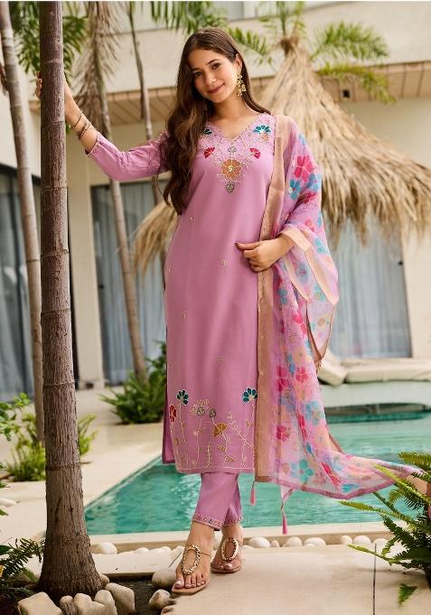 Pink Embroidery Viscose Kurta Set