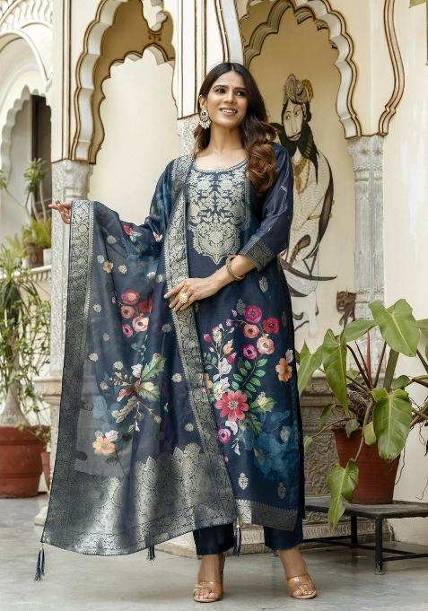 Teal Printed Cotton Kurta Set