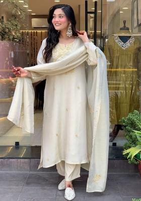 White Embroidery Chanderi Silk Kurta Set