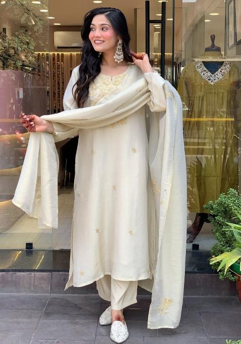 White Embroidery Chanderi Silk Kurta Set