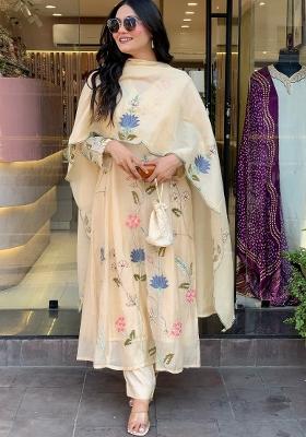 Cream Embroidery Viscose Chanderi Kurta Set