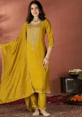 Mustard Embroidery Vichitra Silk Kurta Set