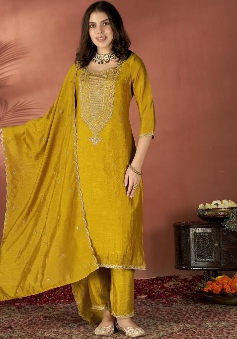 Mustard Embroidery Vichitra Silk Kurta Set