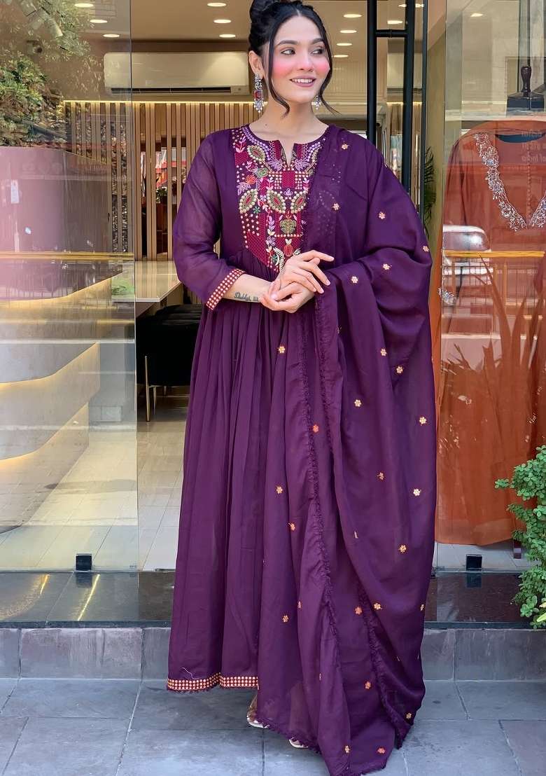 Wine Embroidery Viscose Chanderi Kurta Set - Indya