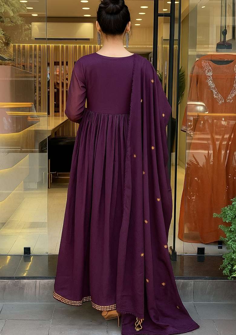 Wine Embroidery Viscose Chanderi Kurta Set - Indya