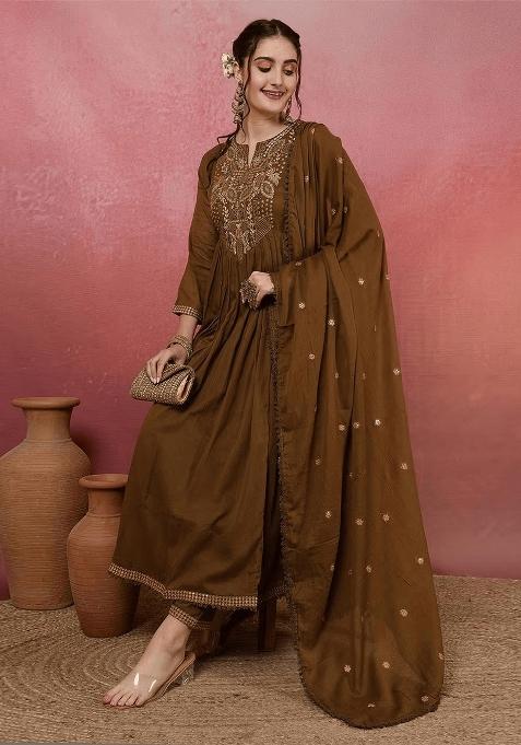 Mehendi Embroidery Viscose Chanderi Kurta Set