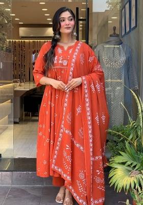 Peach Embroidery Cotton Kurta Set