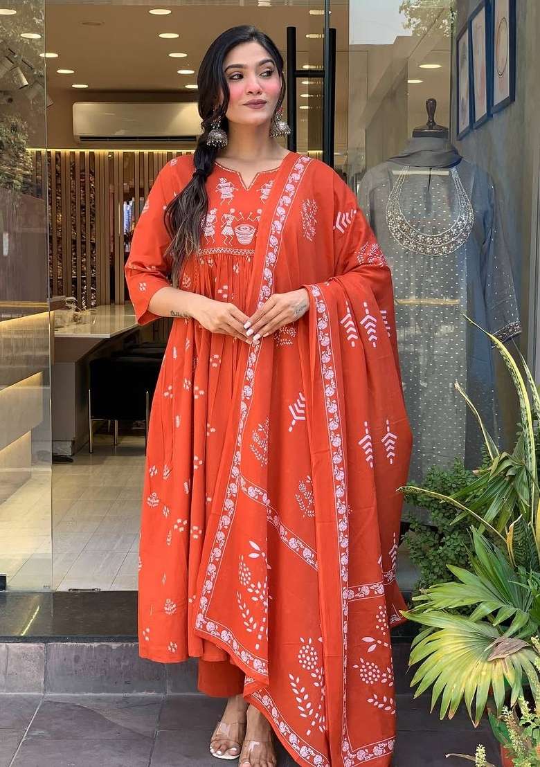 Peach Embroidery Cotton Kurta Set - Indya