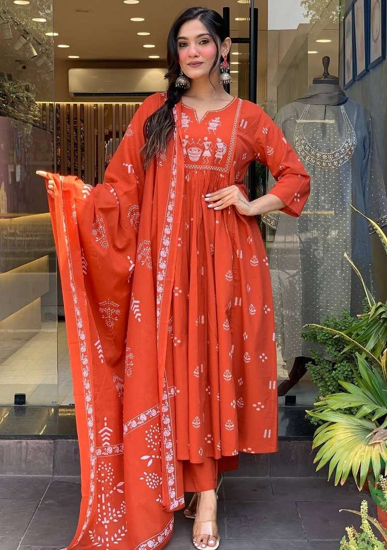 Peach Embroidery Cotton Kurta Set - Indya
