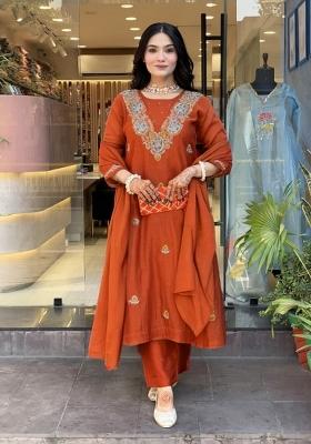 Peach Embroidery Vichitra Silk Kurta Set