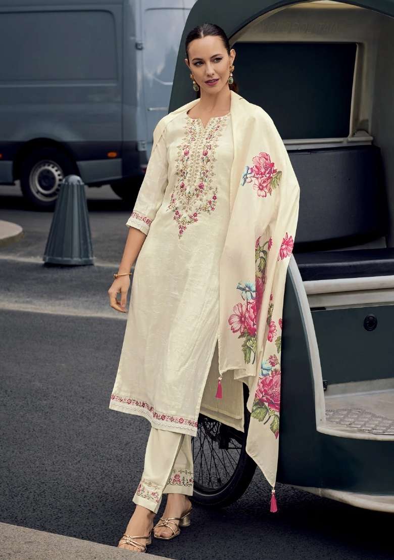 Cream Embroidery Viscose Jacquard Kurta Set - Indya