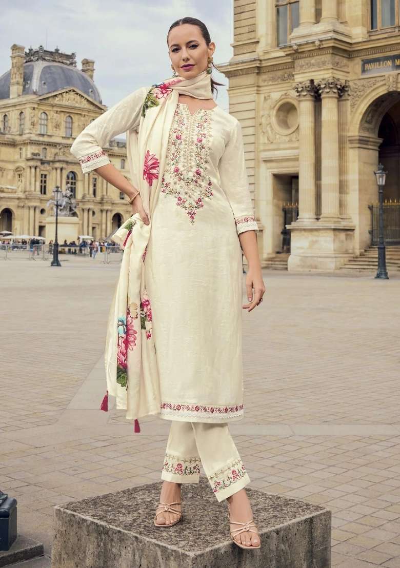 Cream Embroidery Viscose Jacquard Kurta Set - Indya