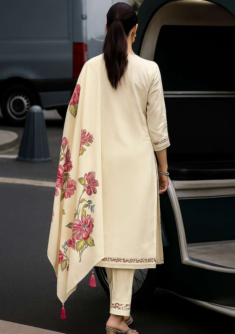 Cream Embroidery Viscose Jacquard Kurta Set - Indya