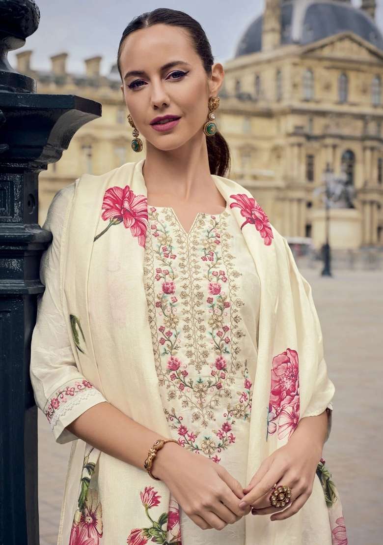 Cream Embroidery Viscose Jacquard Kurta Set - Indya