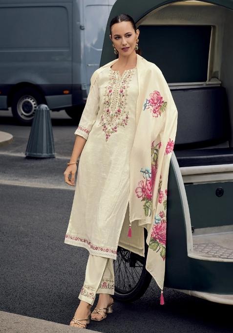 Cream Embroidery Viscose Jacquard Kurta Set
