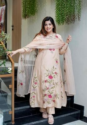 Beige Embroidery Silk Kurta Set