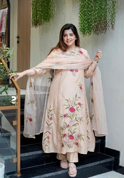 Beige Embroidery Silk Kurta Set