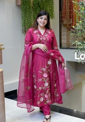 Wine Embroidery Silk Kurta Set