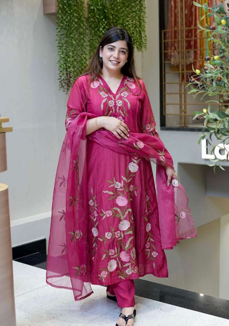 Wine Embroidery Silk Kurta Set - Indya