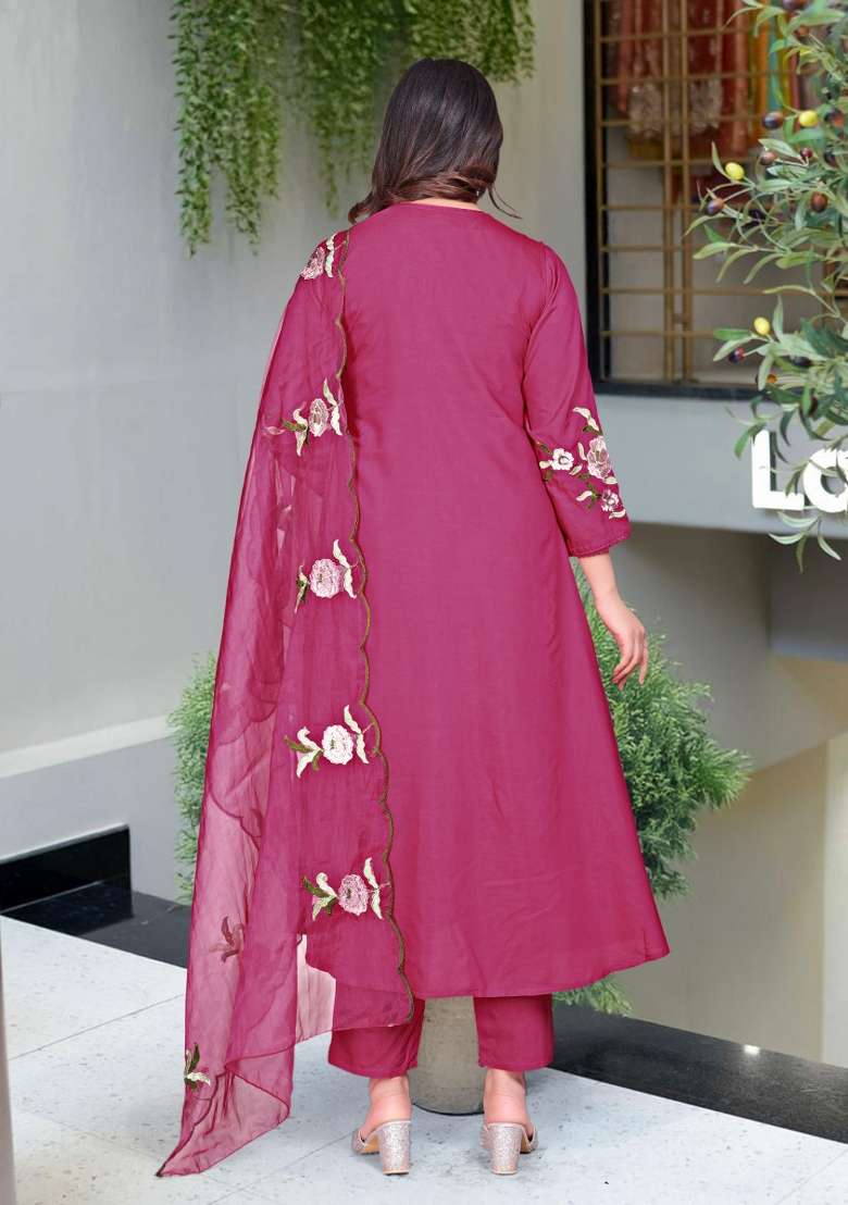 Wine Embroidery Silk Kurta Set - Indya